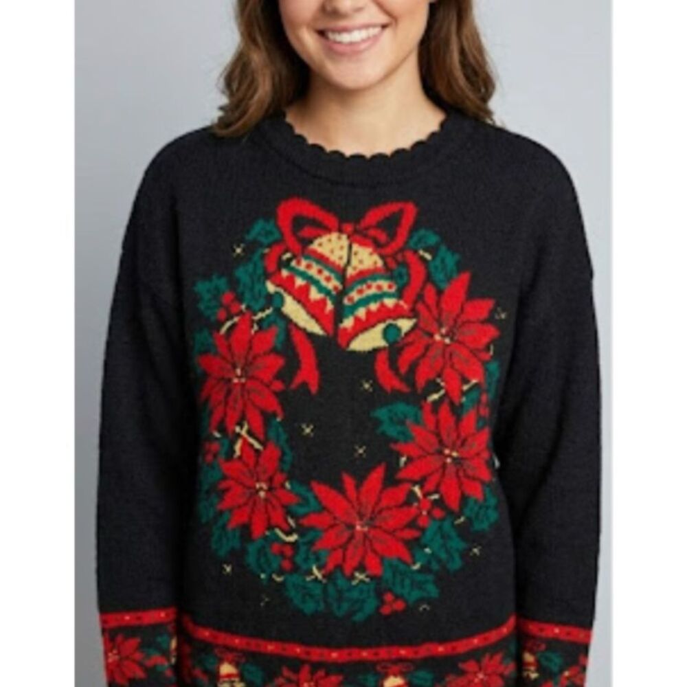 Vtg Nutcracker Ugly Christmas Sweater Poinsettia Bells Knit Black Crewneck Large